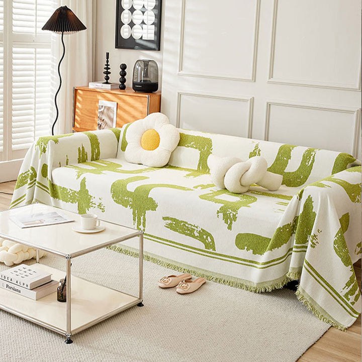 Sofa Cover with Abstract Pattern and Fringes - Sofa Protector - Green - Seravelle Home