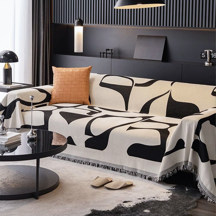 Sofa Cover with Abstract Pattern and Fringes - Sofa Protector - White - Seravelle Home