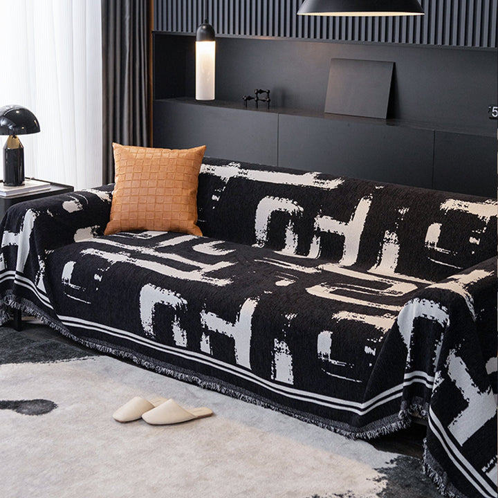 Sofa Cover with Abstract Pattern and Fringes - Sofa Protector - Black - Seravelle Home