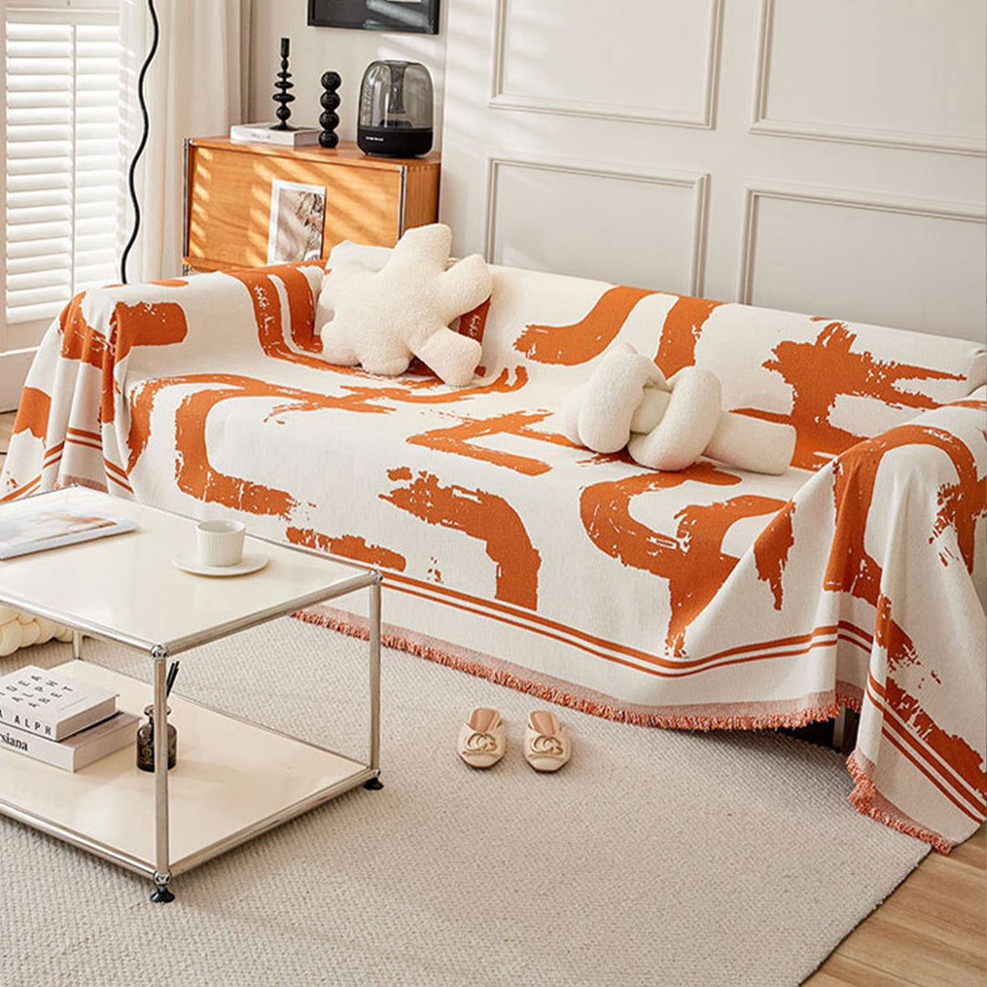 Sofa Cover with Abstract Pattern and Fringes - Sofa Protector - Orange - Seravelle Home