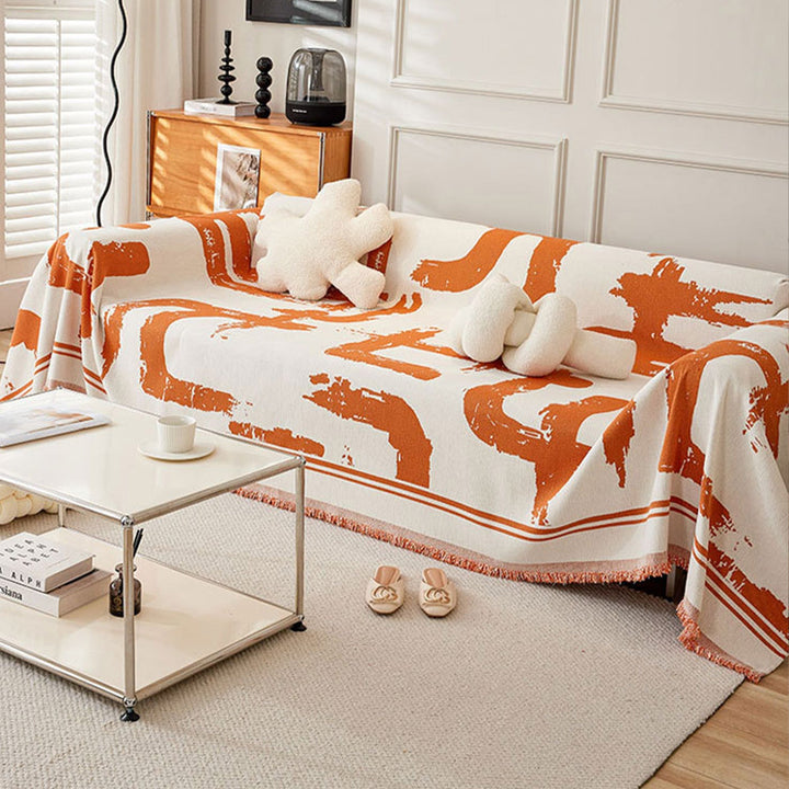 Sofa Cover with Abstract Pattern and Fringes - Sofa Protector - Orange - Seravelle Home