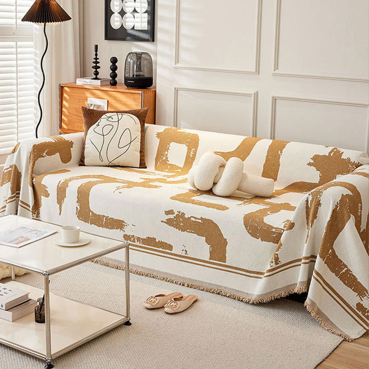 Sofa Cover with Abstract Pattern and Fringes - Sofa Protector - Brown - Seravelle Home