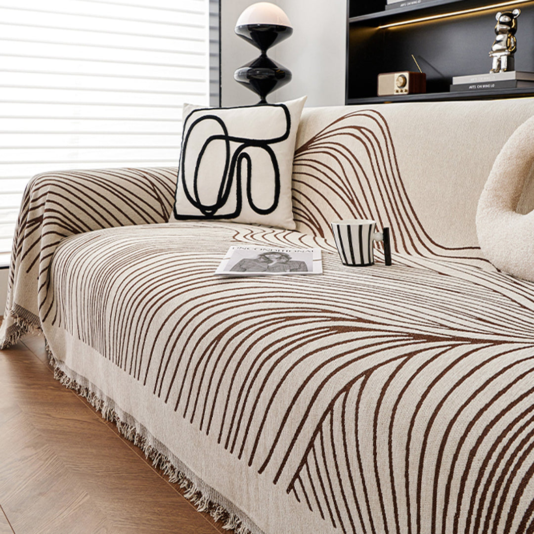 Sofa Cover with Modern Wave Pattern and Fringes - Sofa Protector - Brown Lines - Seravelle Home