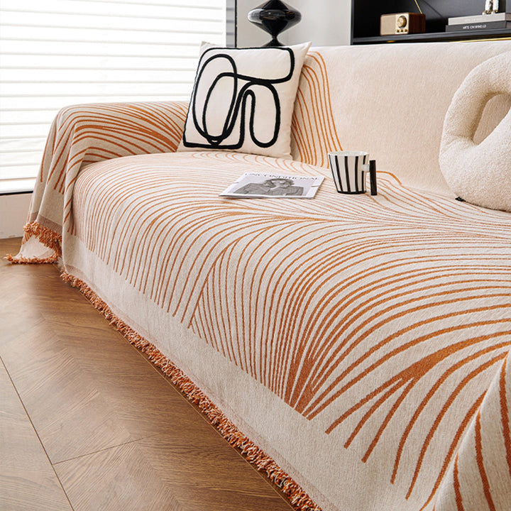 Sofa Cover with Modern Wave Pattern and Fringes - Sofa Protector - Orange Lines - Seravelle Home