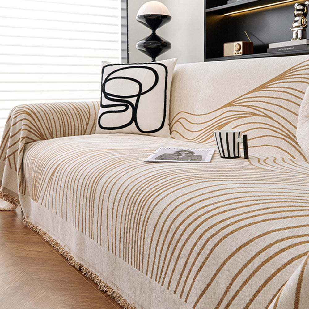 Sofa Cover with Modern Wave Pattern and Fringes - Sofa Protector - Beige Lines - Seravelle Home