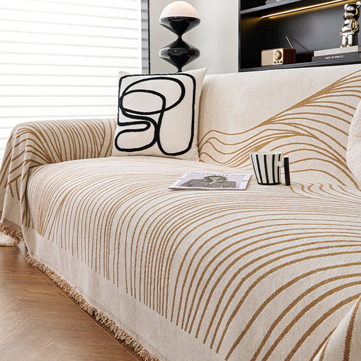 Sofa Cover with Modern Wave Pattern and Fringes - Sofa Protector - Beige Lines - Seravelle Home