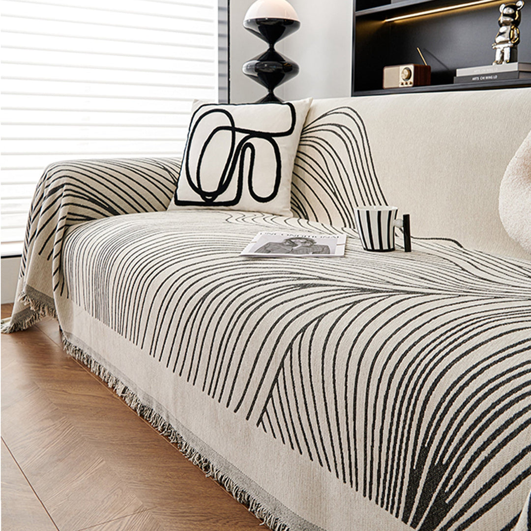 Sofa Cover with Modern Wave Pattern and Fringes - Sofa Protector - Grey Lines - Seravelle Home