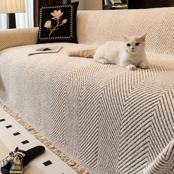 Sofa Protection Blanket with Herringbone Pattern and Non - Slip Back - Sofa Cover - Beige - Seravelle Home