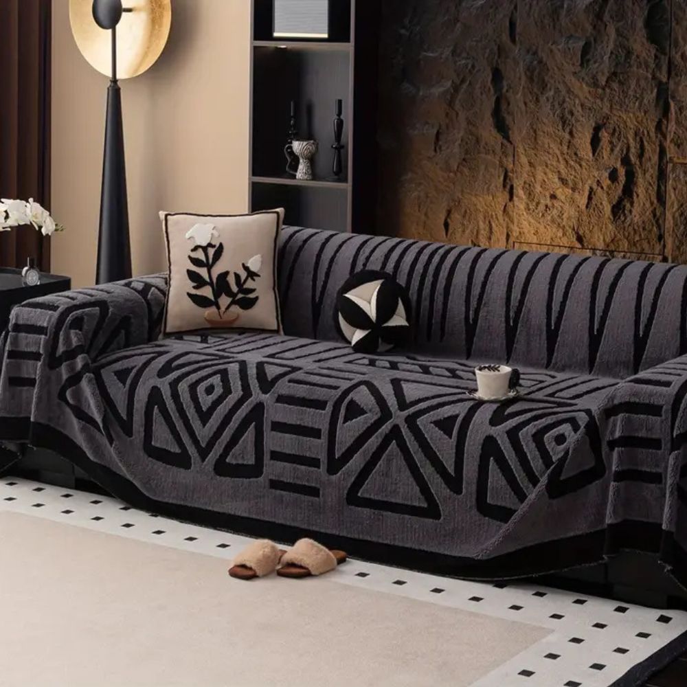Sofa Throw Cover Geometric Pattern - Sofa Cover - Charcoal Black - Seravelle Home