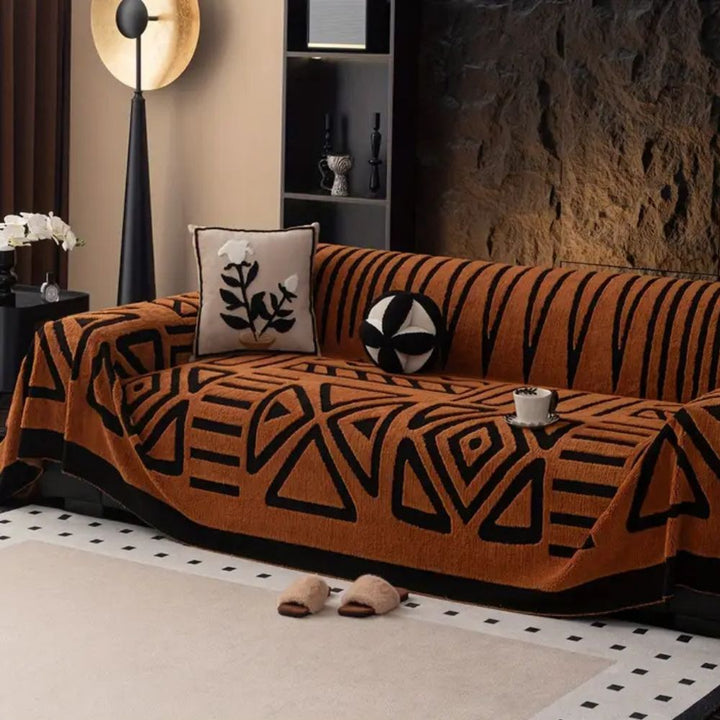 Sofa Throw Cover Geometric Pattern - Sofa Cover - Rust Brown - Seravelle Home