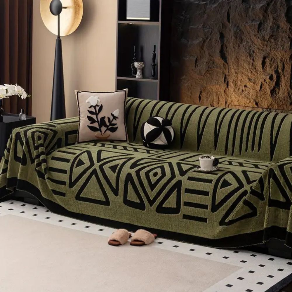 Sofa Throw Cover Geometric Pattern - Sofa Cover - Olive Green - Seravelle Home
