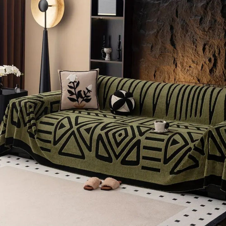 Sofa Throw Cover Geometric Pattern - Sofa Cover - Olive Green - Seravelle Home
