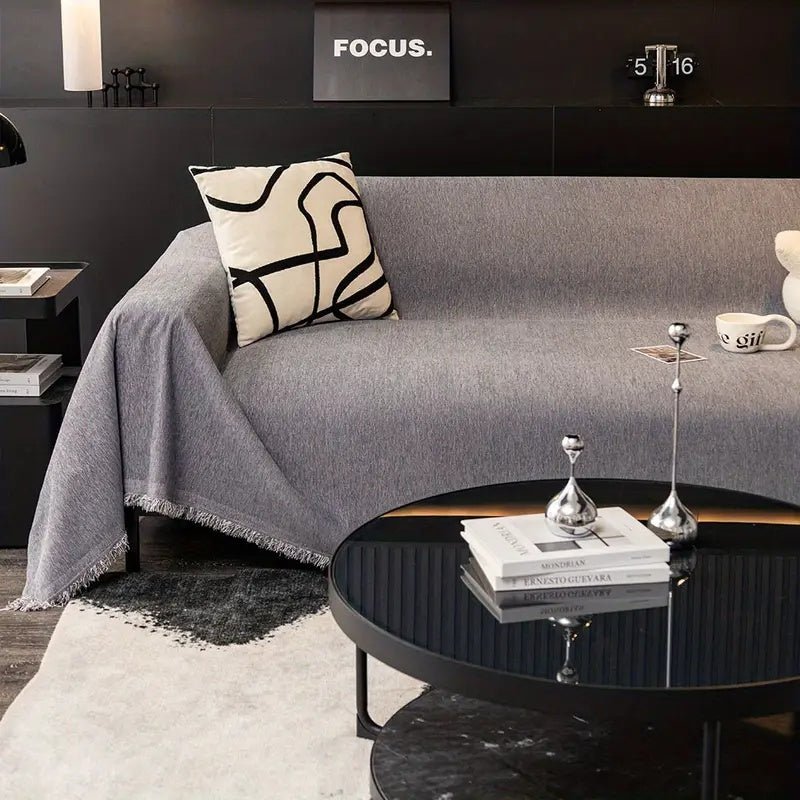 Sofa Throw with Fringes and Water - Repellent Function - Living room - Grey - Seravelle Home