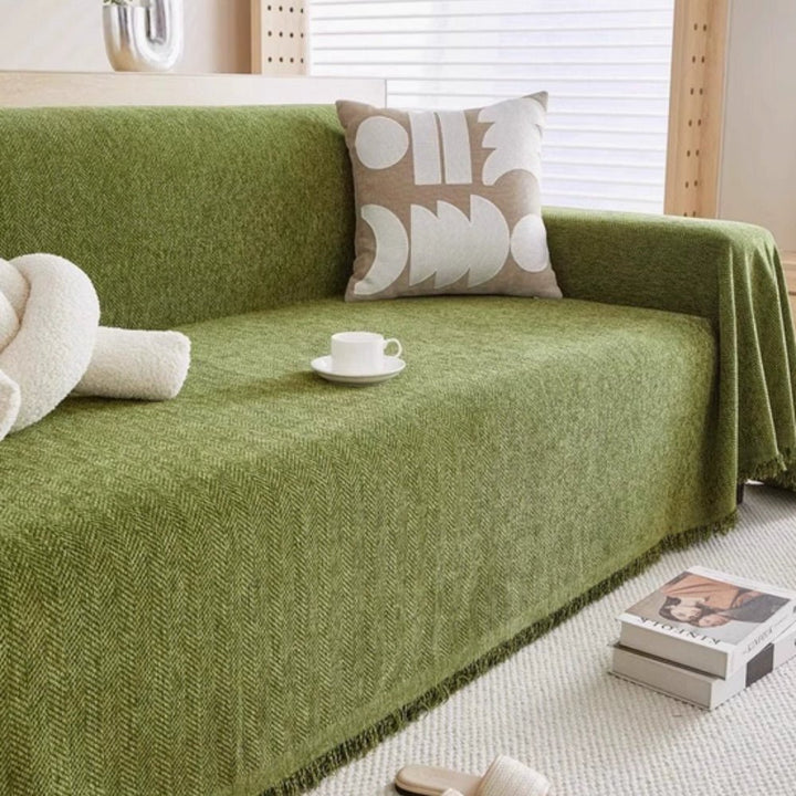 Sofa Throw with Fringes and Water - Repellent Function - Living room - Green - Seravelle Home