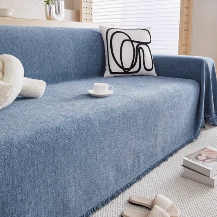 Sofa Throw with Fringes and Water - Repellent Function - Living room - Blue - Seravelle Home