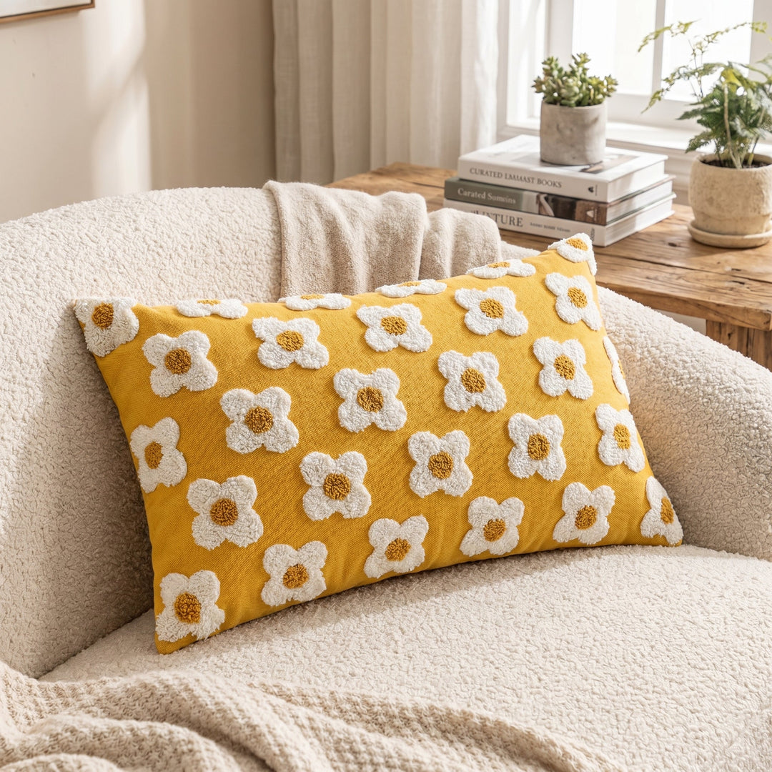Soft Cushion Covers with Floral Pattern - Cushion Covers - Yellow - Seravelle Home