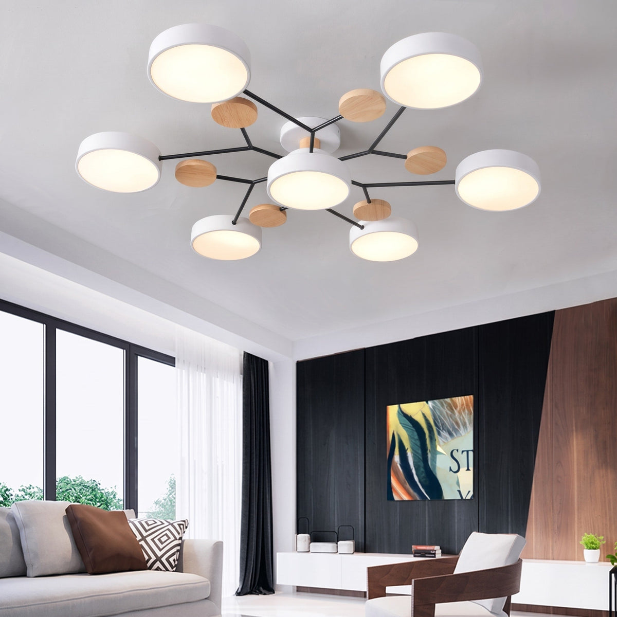 Sputnik Style Semi-Flush Ceiling Light with Wood Accents - Ceiling Light Fixtures - White - Seravelle Home