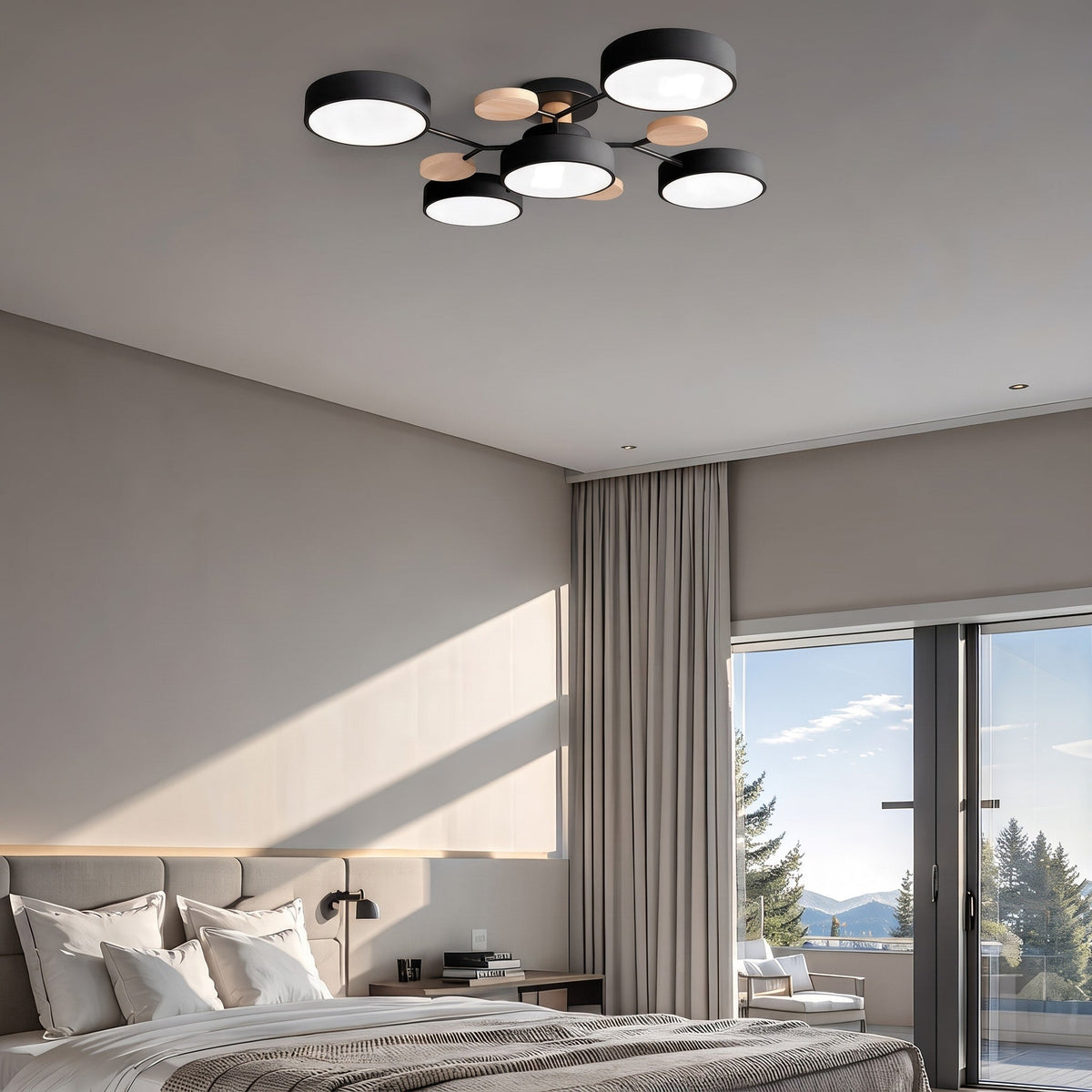 Sputnik Style Semi-Flush Ceiling Light with Wood Accents - Ceiling Light Fixtures - Black - Seravelle Home