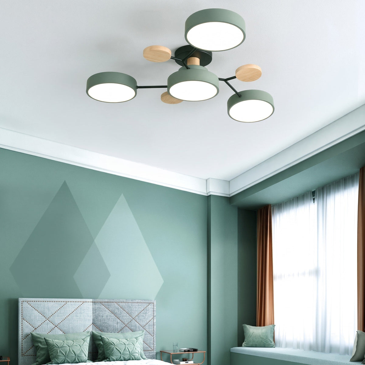 Sputnik Style Semi-Flush Ceiling Light with Wood Accents - Ceiling Light Fixtures - Green - Seravelle Home