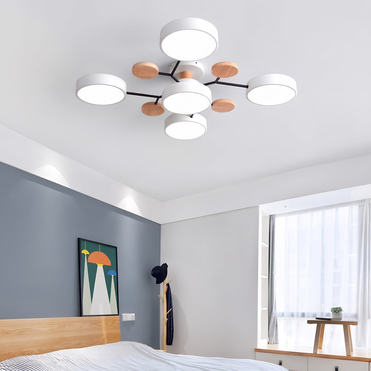 Sputnik Style Semi-Flush Ceiling Light with Wood Accents - Ceiling Light Fixtures - White - Seravelle Home