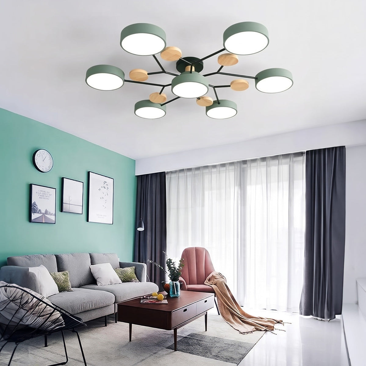 Sputnik Style Semi-Flush Ceiling Light with Wood Accents - Ceiling Light Fixtures - Green - Seravelle Home