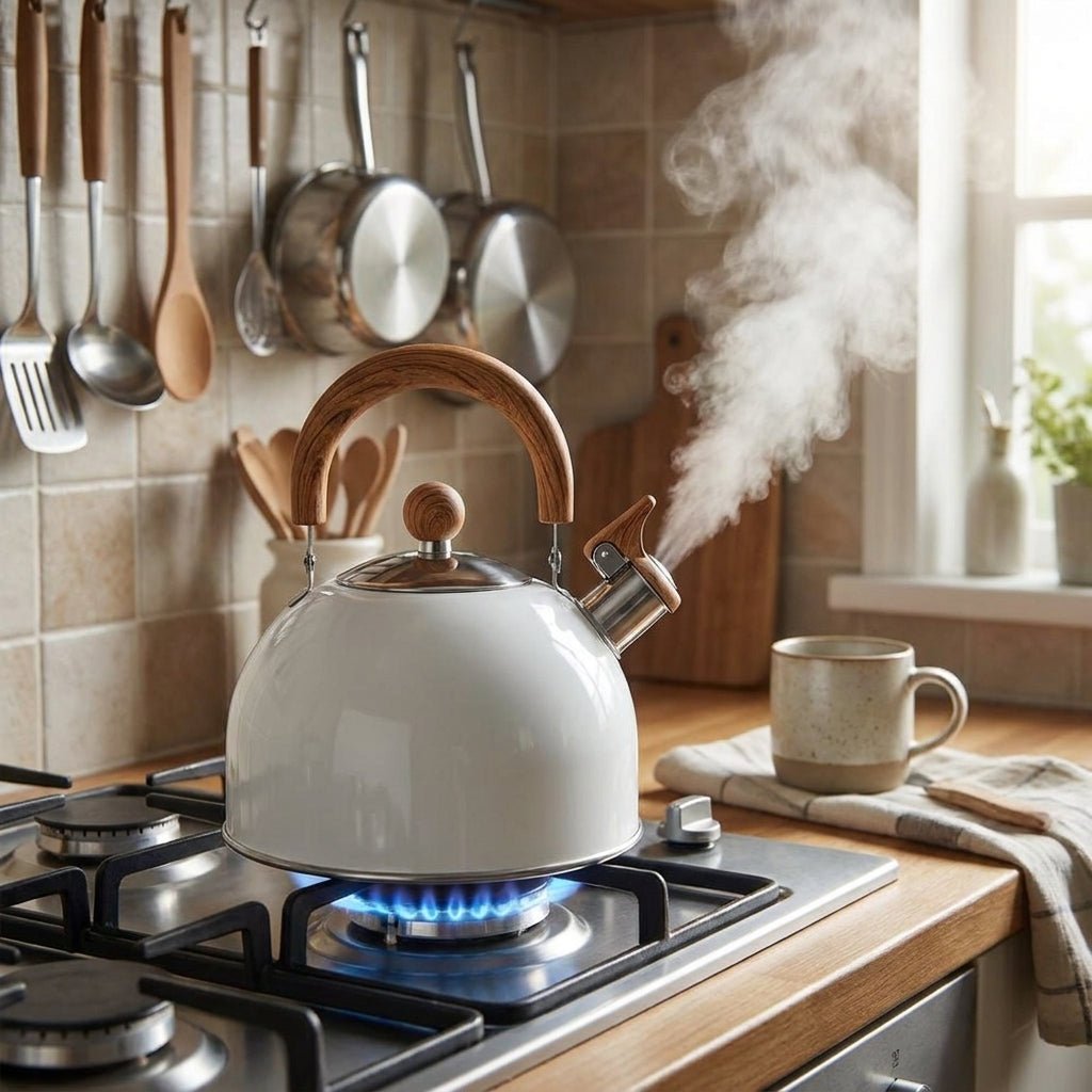Stainless Steel Whistling Kettle with Wooden Handle - Kettle - White - Seravelle Home