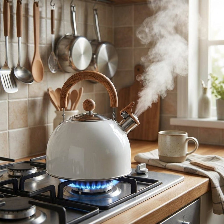 Stainless Steel Whistling Kettle with Wooden Handle - Kettle - White - Seravelle Home