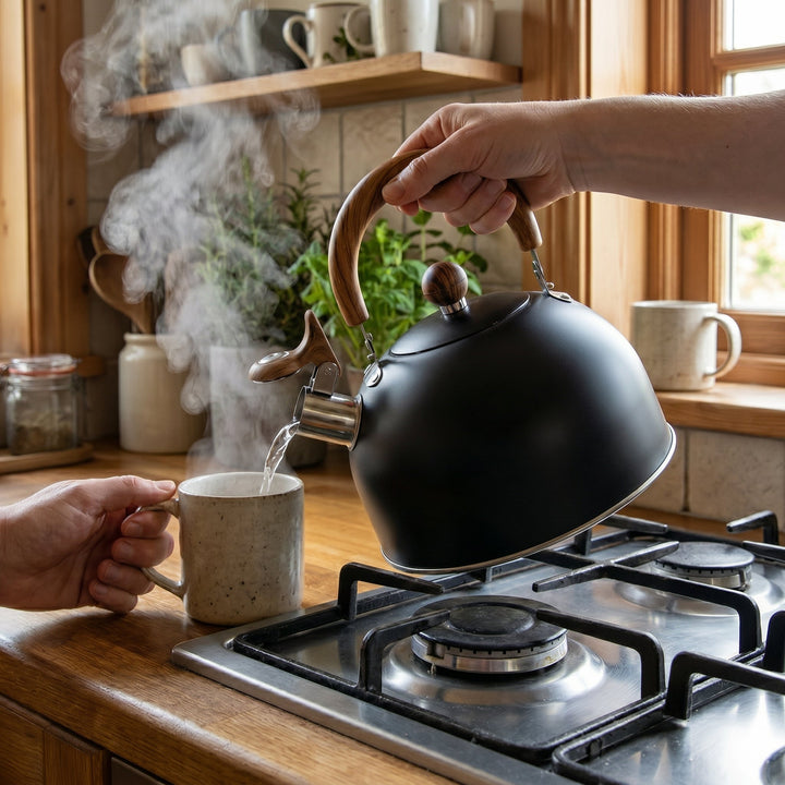 Stainless Steel Whistling Kettle with Wooden Handle - Kettle - Black - Seravelle Home