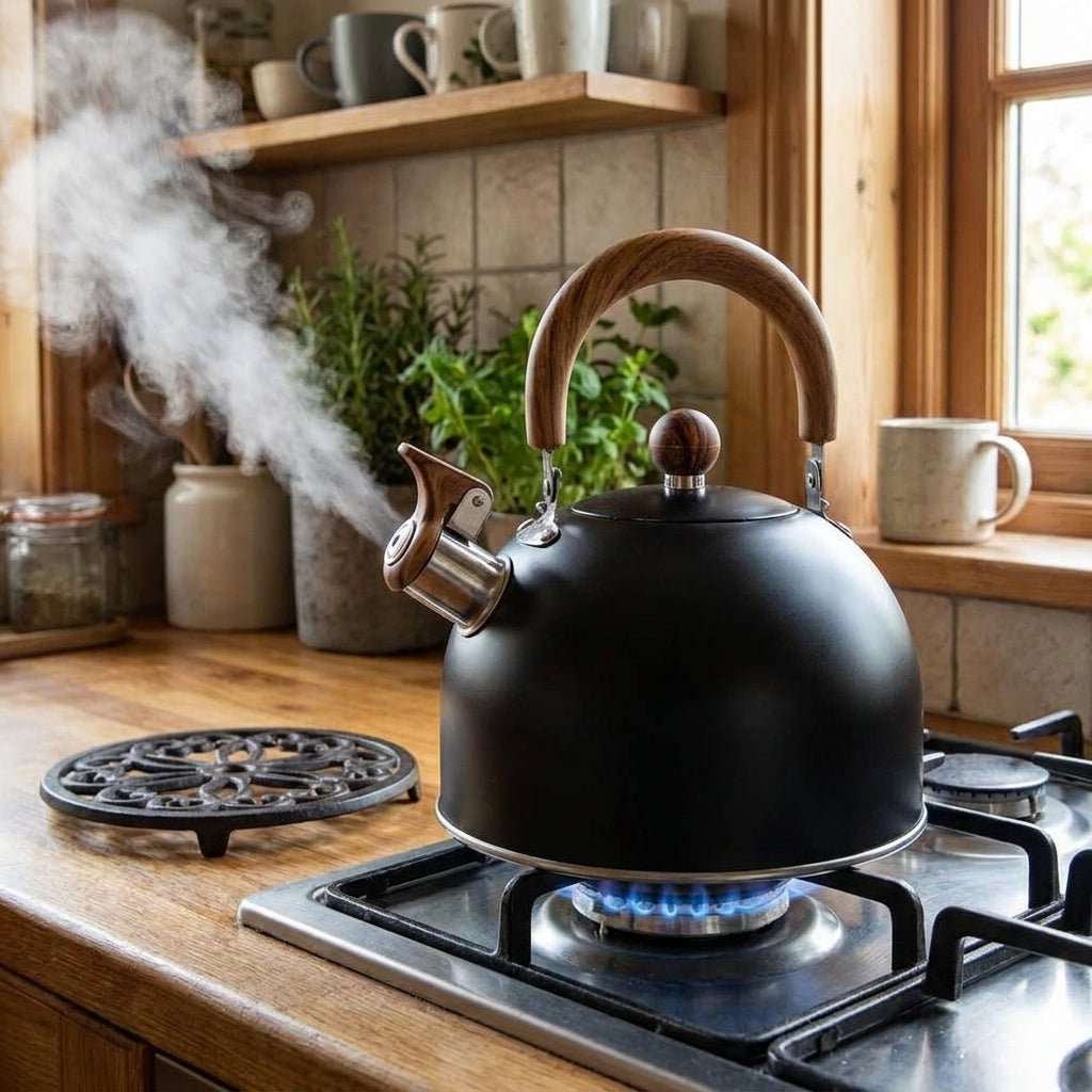 Stainless Steel Whistling Kettle with Wooden Handle - Kettle - Black - Seravelle Home