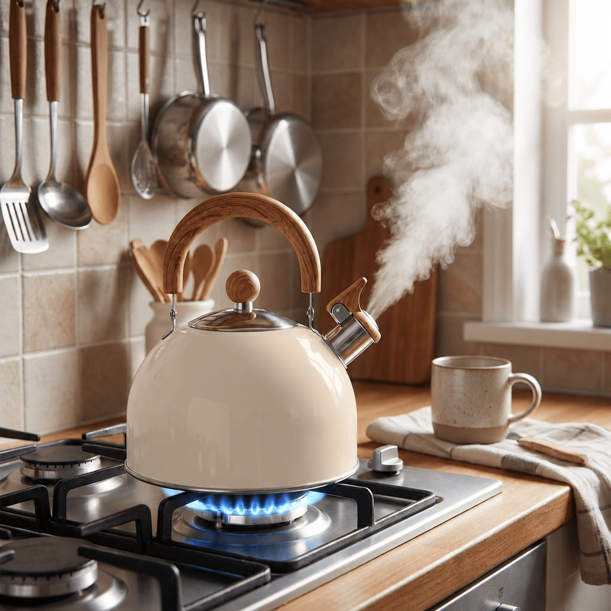 Stainless Steel Whistling Kettle with Wooden Handle - Stovetop Kettles - White - Seravelle Home