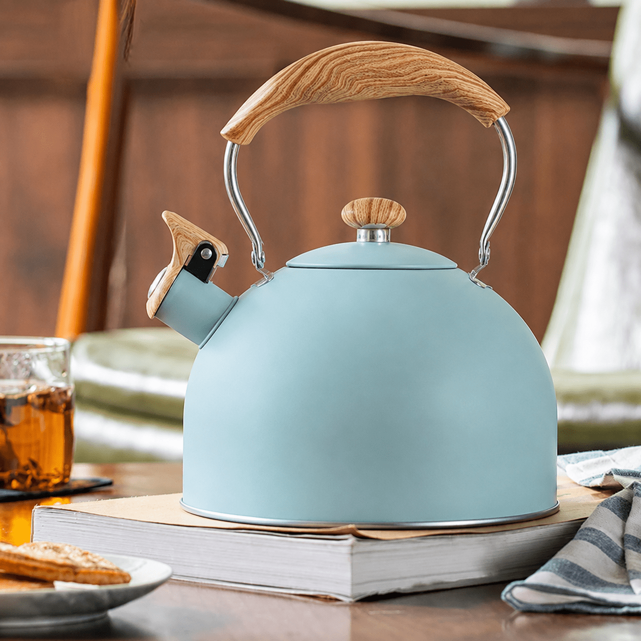Stainless Steel Whistling Kettle with Wooden Handle - Stovetop Kettles - Light Green - Seravelle Home