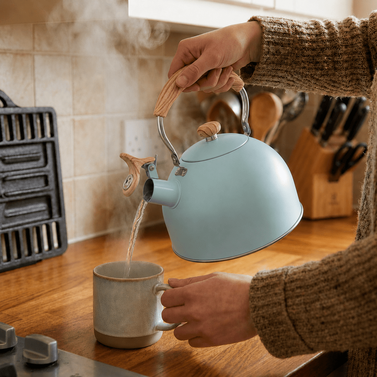 Stainless Steel Whistling Kettle with Wooden Handle - Stovetop Kettles - Black - Seravelle Home