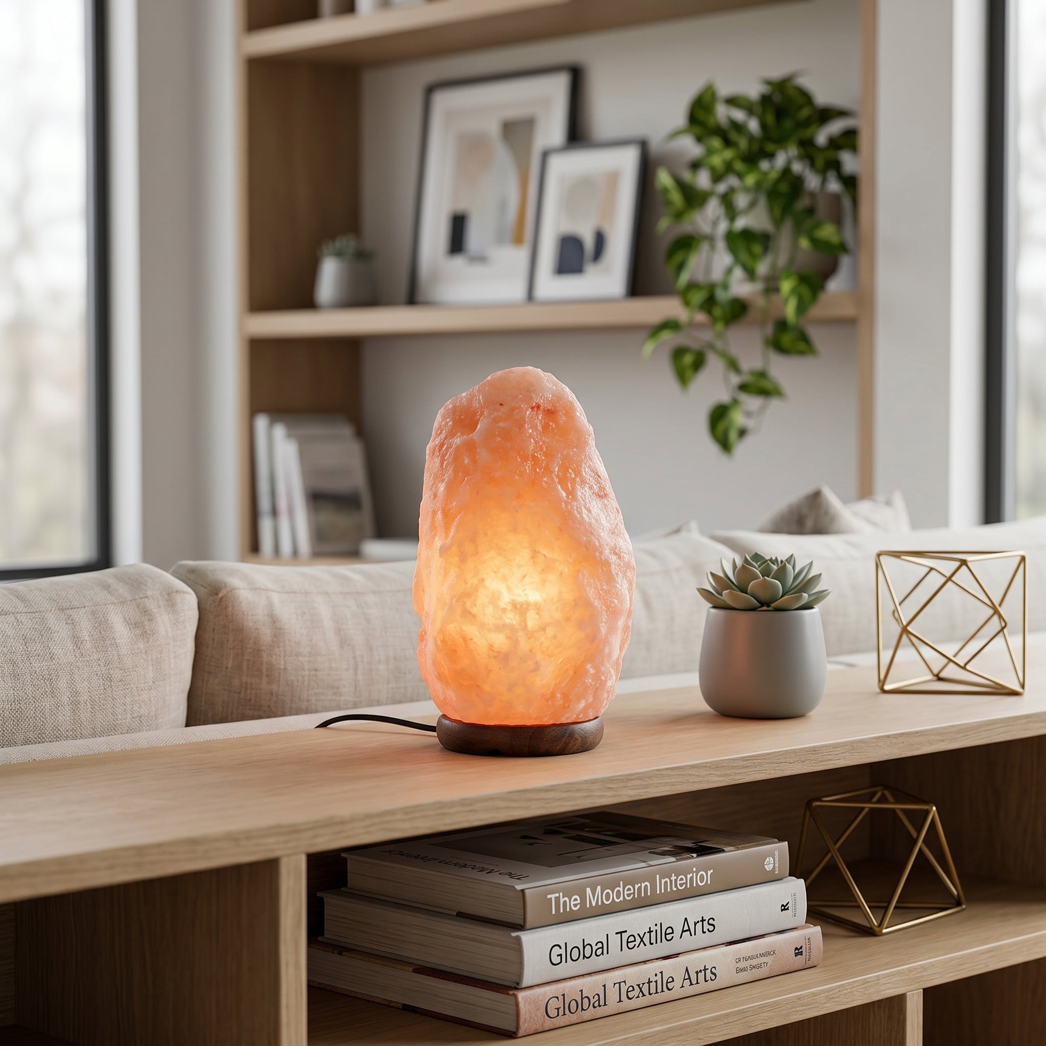 Table Lamp in Himalayan Salt Look with Wooden Base - Table Lamp - Seravelle Home