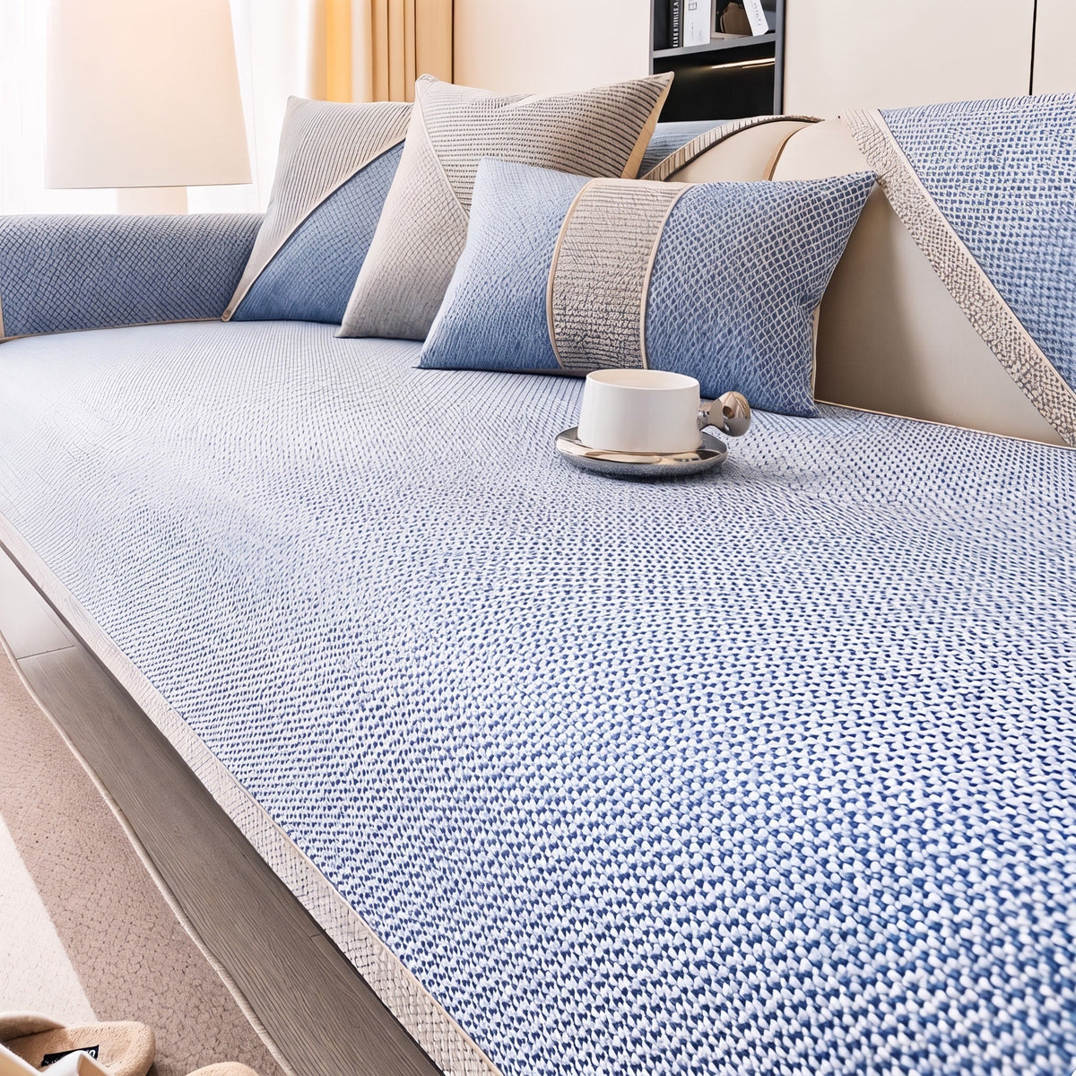 Textured Woven Sofa Cover with Non-Slip Backing - Slipcovers - Blue - Seravelle Home