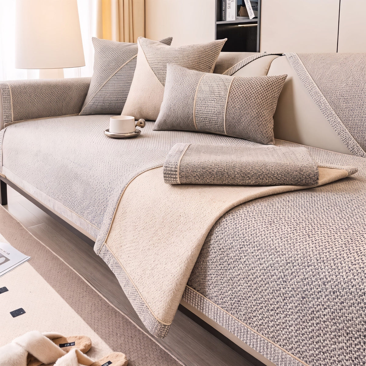 Textured Woven Sofa Cover with Non-Slip Backing - Slipcovers - Beige - Seravelle Home