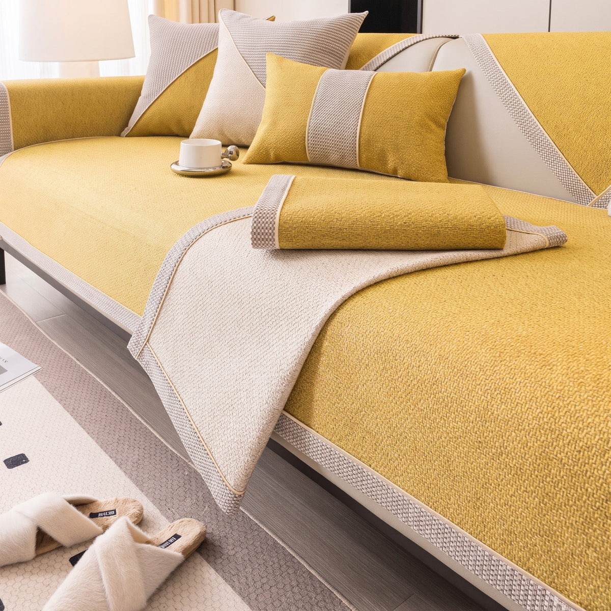 Textured Woven Sofa Cover with Non-Slip Backing - Slipcovers - Yellow - Seravelle Home