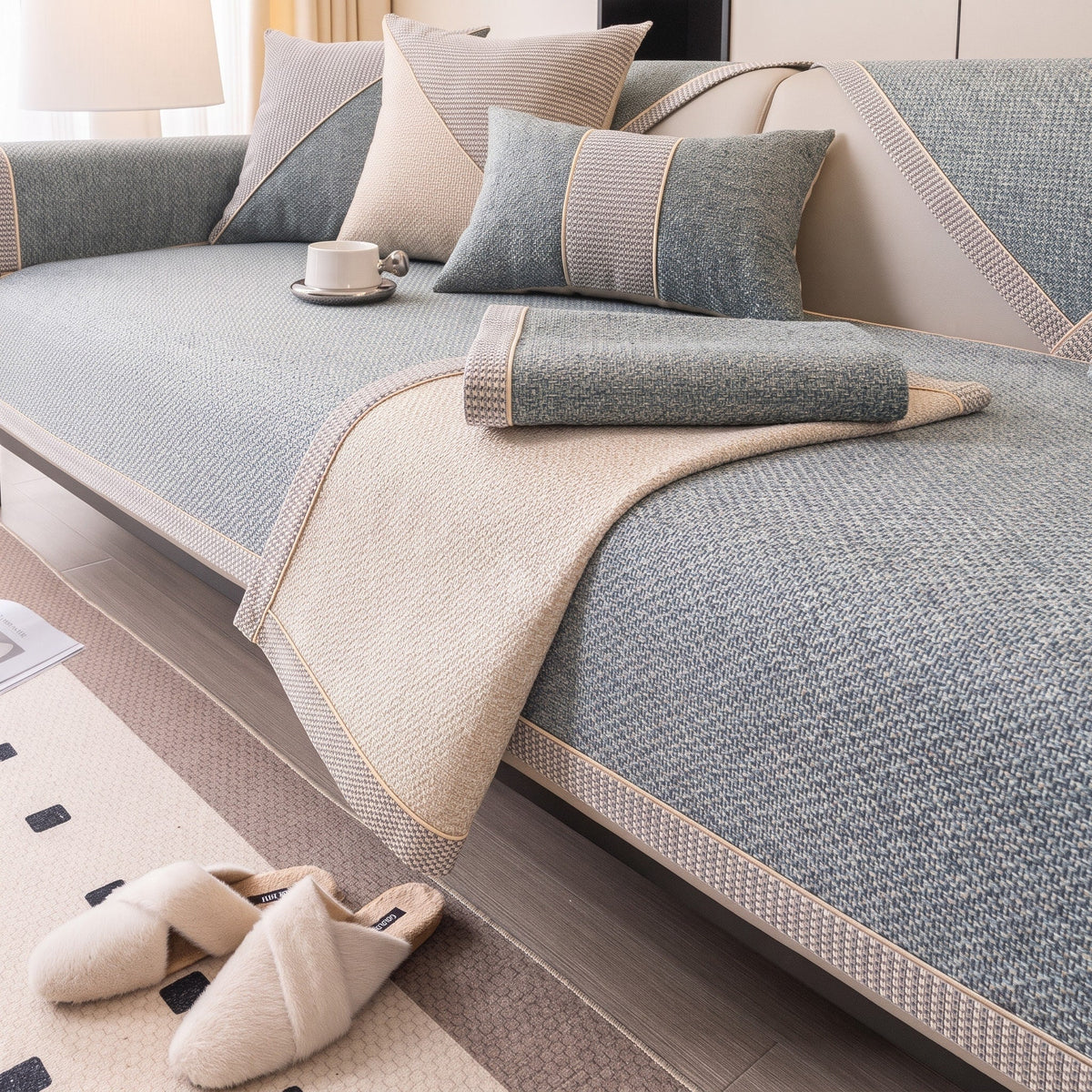Textured Woven Sofa Cover with Non-Slip Backing - Slipcovers - Light Grey - Seravelle Home