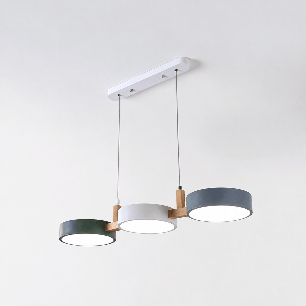 Three-Light Wooden Pendant Lamp with Round Metal Shades - Pendant Light Fixtures - White-Grey-Green - Seravelle Home
