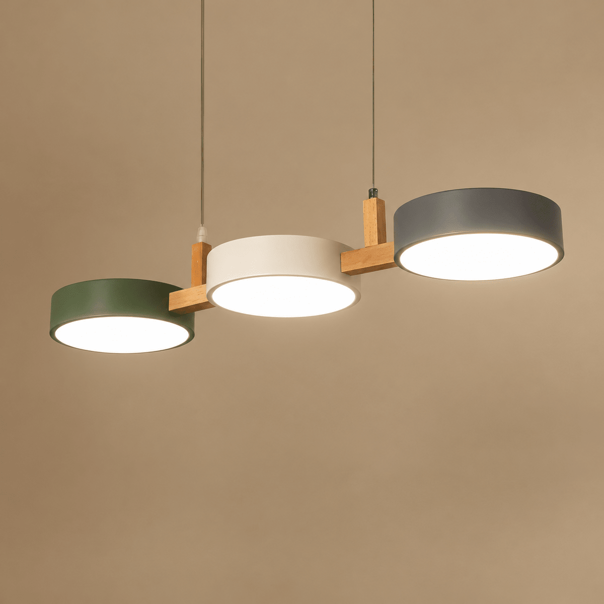 Three-Light Wooden Pendant Lamp with Round Metal Shades - Pendant Light Fixtures - White-Grey-Green - Seravelle Home