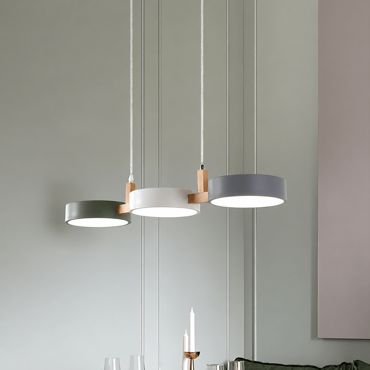 Three-Light Wooden Pendant Lamp with Round Metal Shades - Pendant Light Fixtures - White-Grey-Green - Seravelle Home