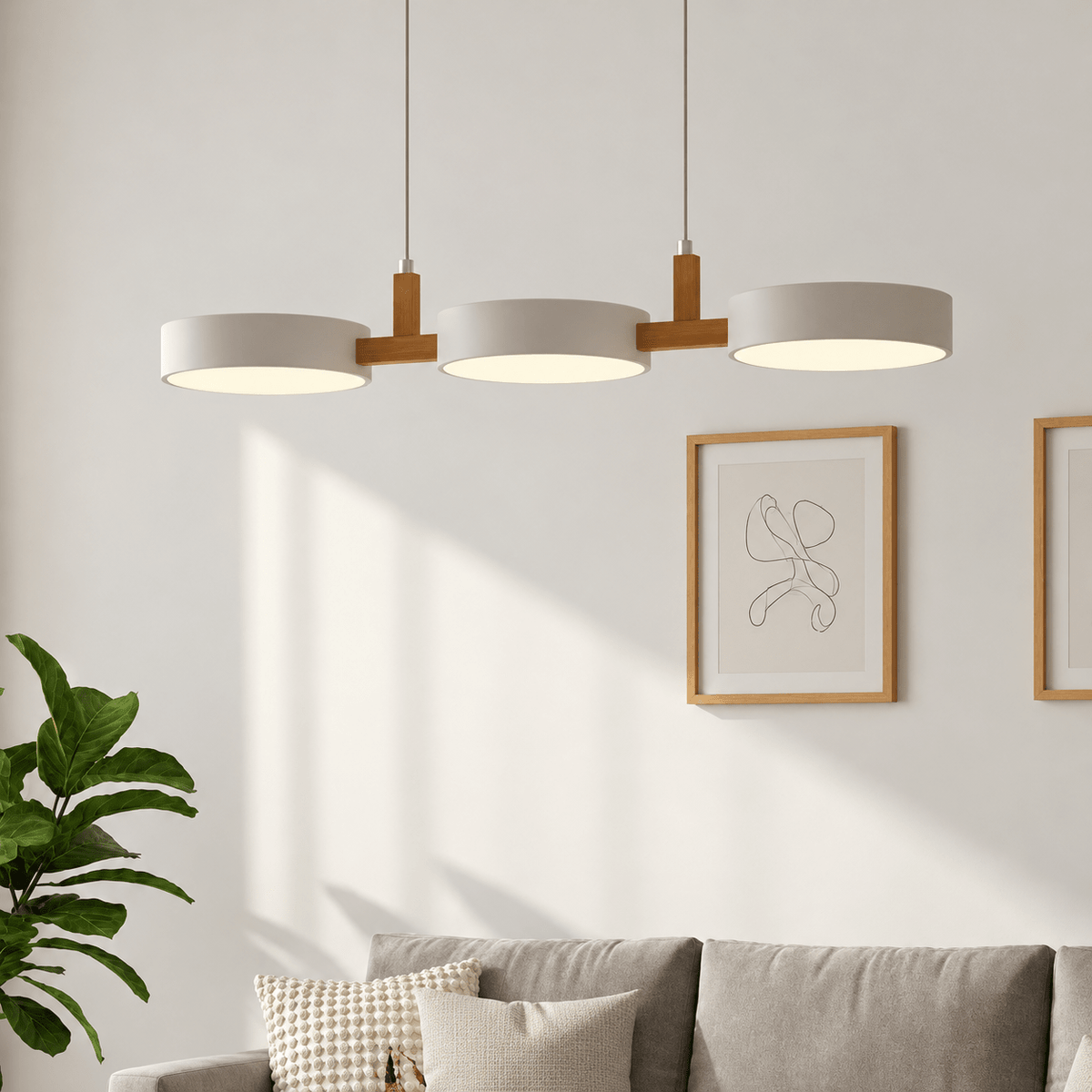 Three-Light Wooden Pendant Lamp with Round Metal Shades - Pendant Light Fixtures - White - Seravelle Home