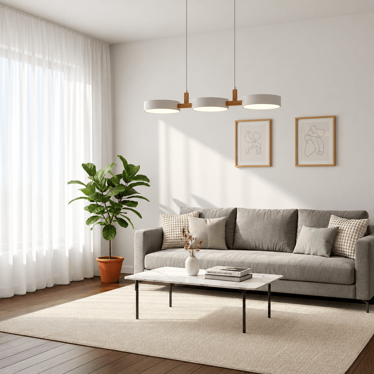 Three-Light Wooden Pendant Lamp with Round Metal Shades - Pendant Light Fixtures - White - Seravelle Home