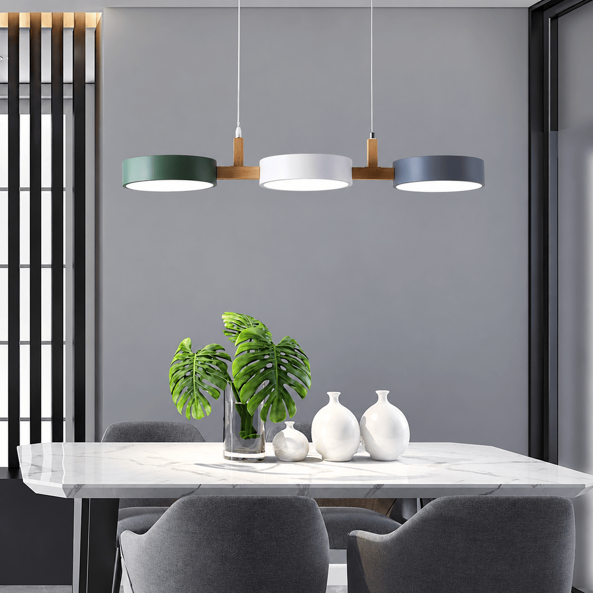 Three-Light Wooden Pendant Lamp with Round Metal Shades - Pendant Light Fixtures - White-Grey-Green - Seravelle Home