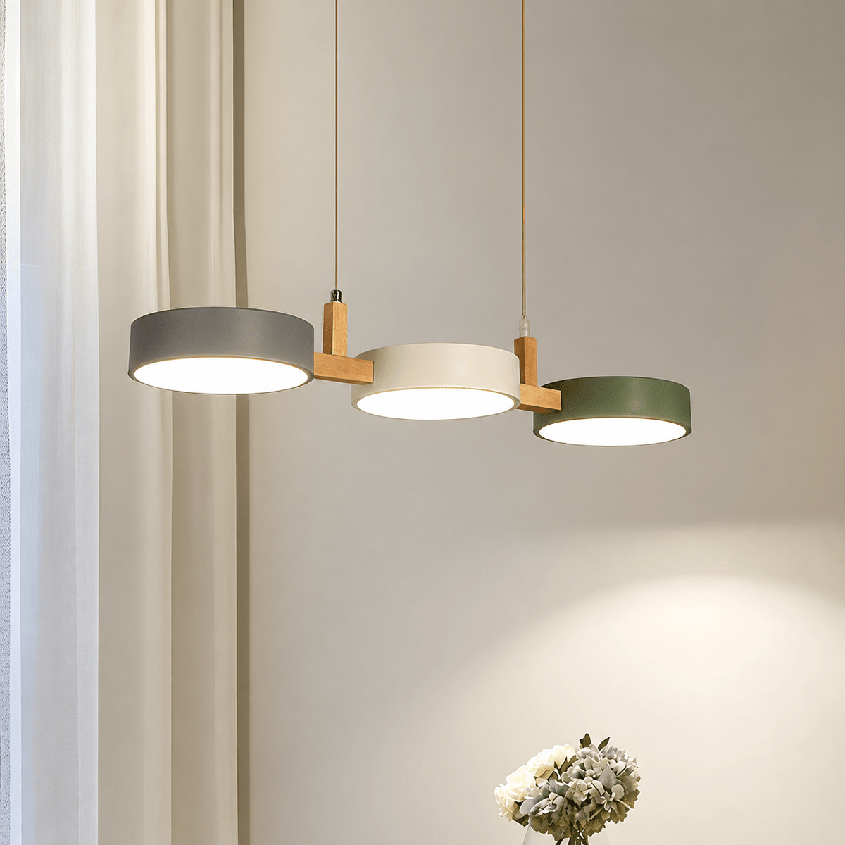Three-Light Wooden Pendant Lamp with Round Metal Shades - Pendant Light Fixtures - White-Grey-Green - Seravelle Home