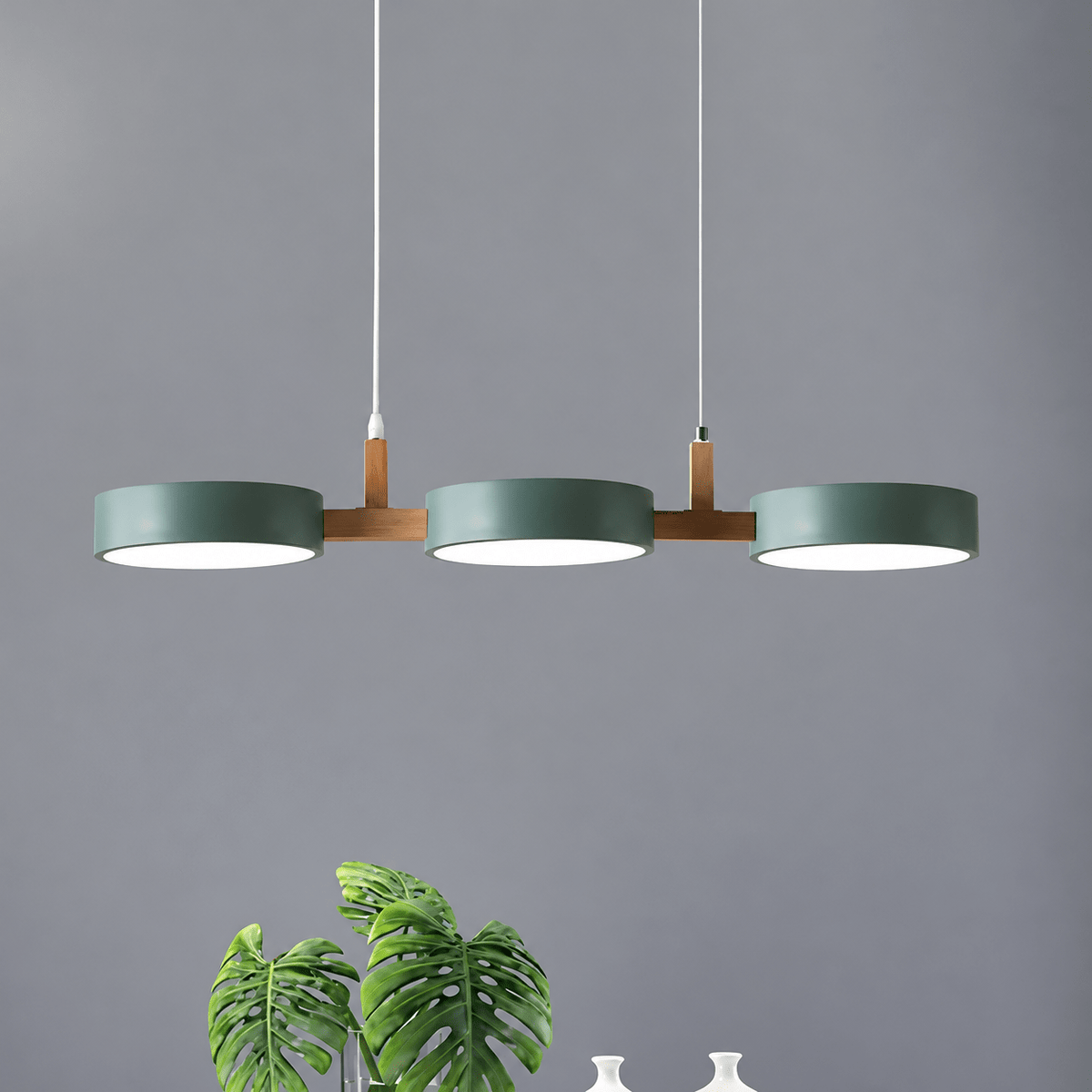 Three-Light Wooden Pendant Lamp with Round Metal Shades - Pendant Light Fixtures - Green - Seravelle Home
