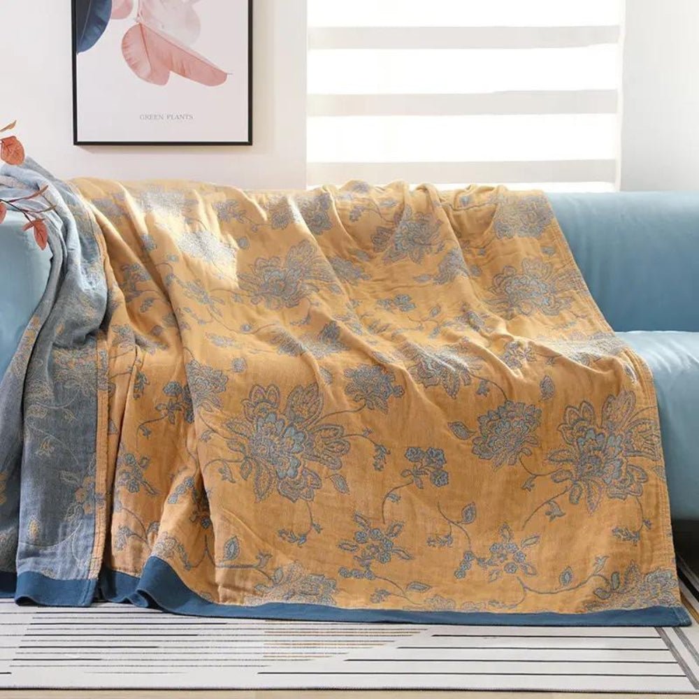 Throw Blanket with Floral Pattern - Blankets - Yellow - Seravelle Home