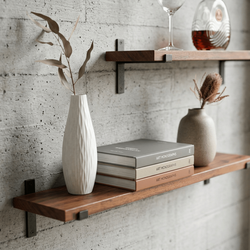 Timber Wall Shelf with Metal Lip Brackets - Floating Wall Shelves & Ledges - 30×20×2 cm - Seravelle Home