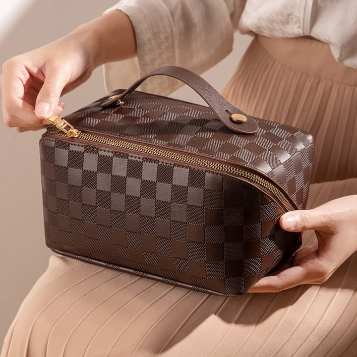 Toiletry Bag with Checkered Pattern and Practical Interior Division - Toiletry Bag - Brown - Seravelle Home