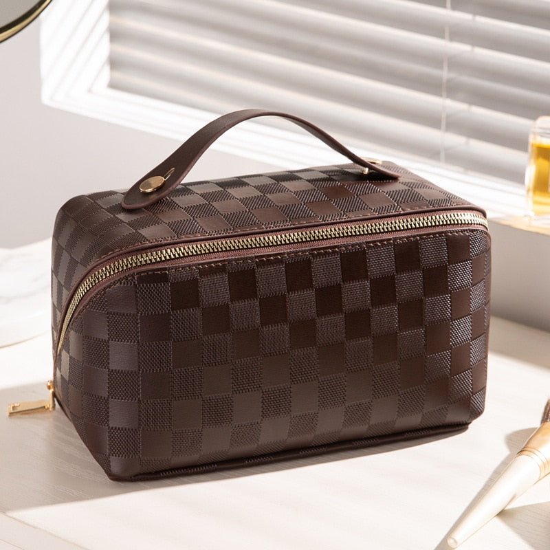 Toiletry Bag with Checkered Pattern and Practical Interior Division - Toiletry Bag - Brown - Seravelle Home