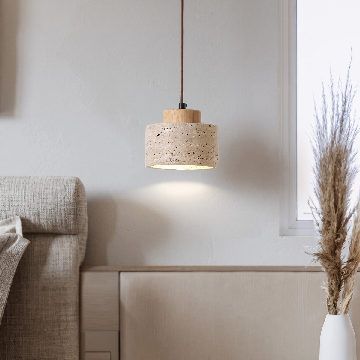 Travertine Pendant Light with Wood Cap Detail - Pendant Light Fixtures - Oak - Seravelle Home